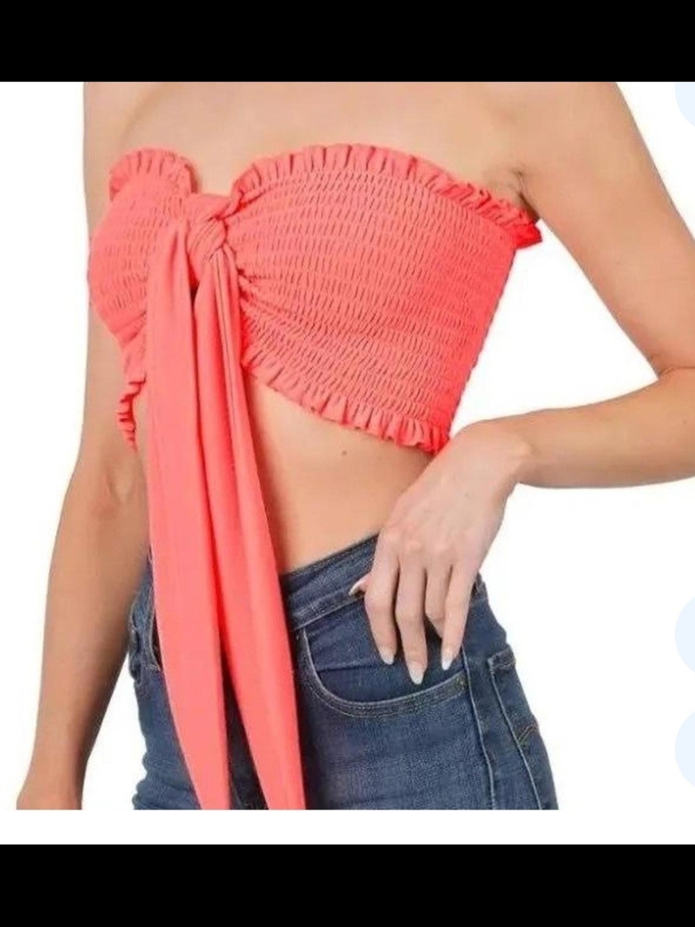 Zenana Smocked Strapless Tie-Front Crop Top - Deep Coral-Sizes S,M,L,XL-NIB